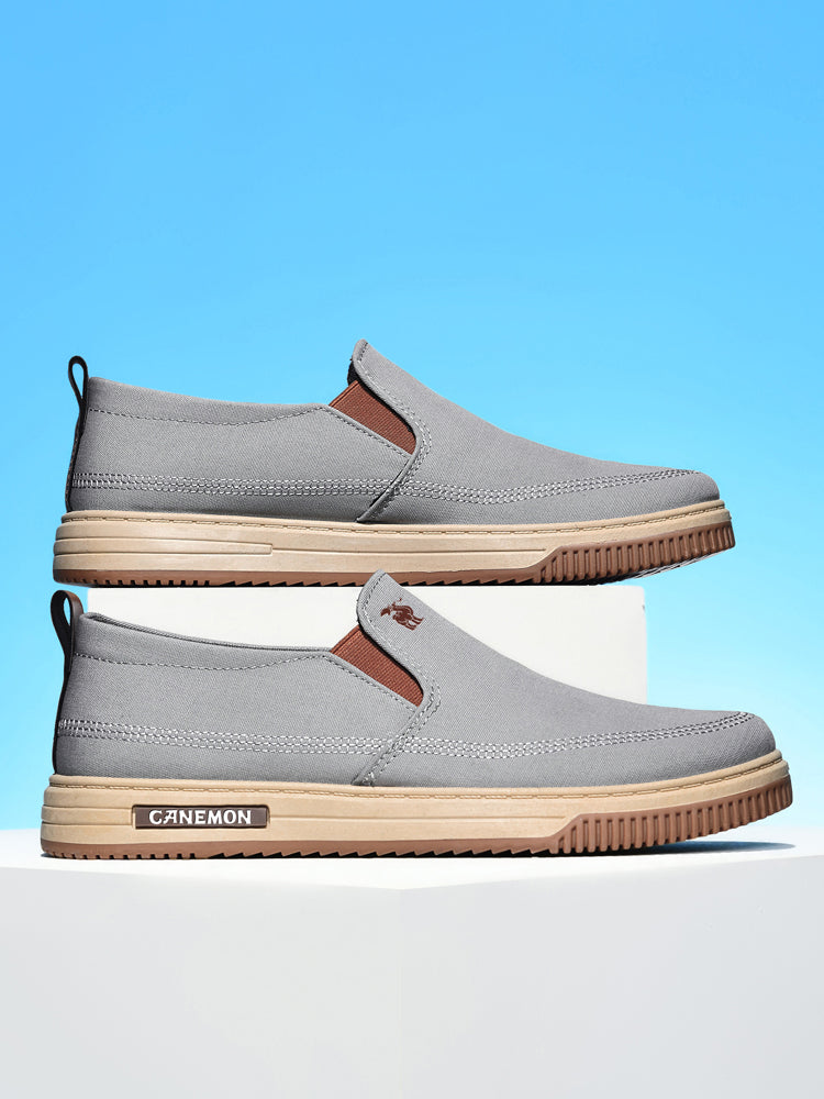 CANEMON LY553 grey canvas slip-on shoes pair showing both sides