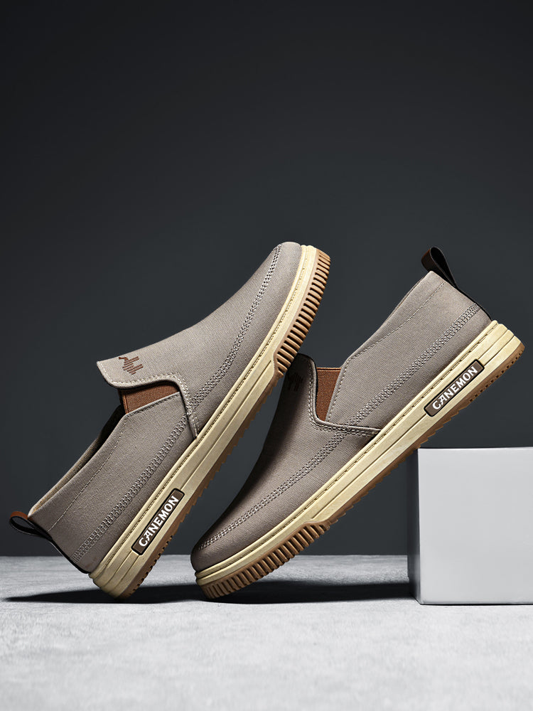 CANEMON LY553 khaki canvas slip-on shoes pair in an angled side view