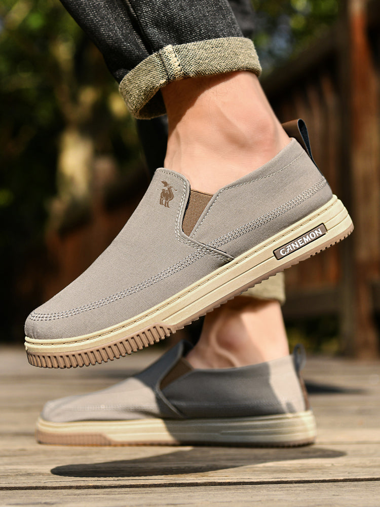 CANEMON LY553 khaki canvas slip-on shoes close-up on-foot view