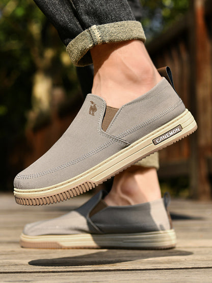 CANEMON LY553 khaki canvas slip-on shoes close-up on-foot view