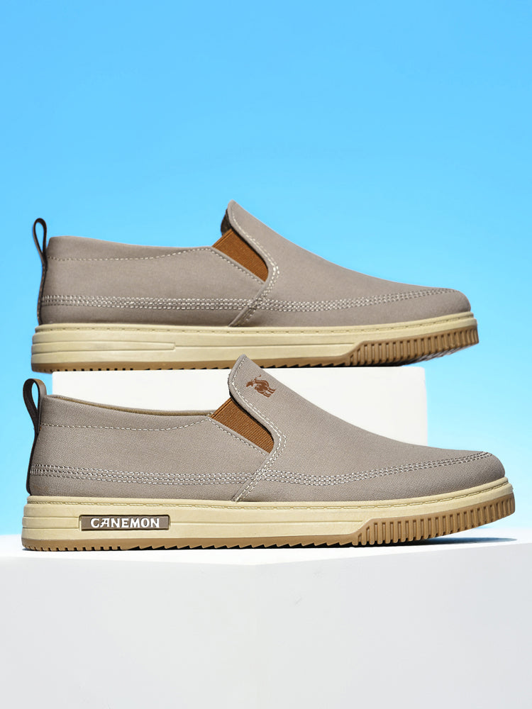 CANEMON LY553 khaki canvas slip-on shoes pair showing both sides