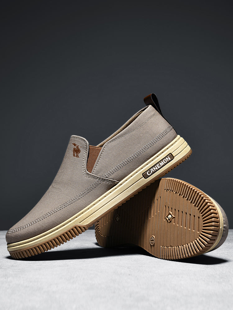CANEMON LY553 khaki canvas slip-on shoes showing the PVC outsole