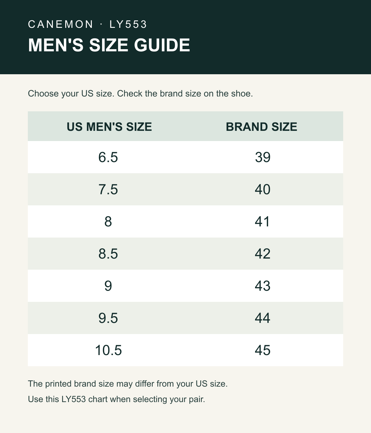 CANEMON LY553 US men's size to brand-size guide, sizes 39 to 45
