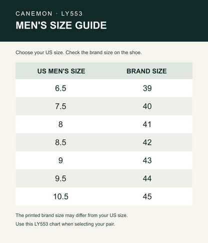CANEMON LY553 US men's size to brand-size guide, sizes 39 to 45
