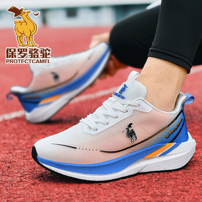 White/Blue walking shoe on foot
