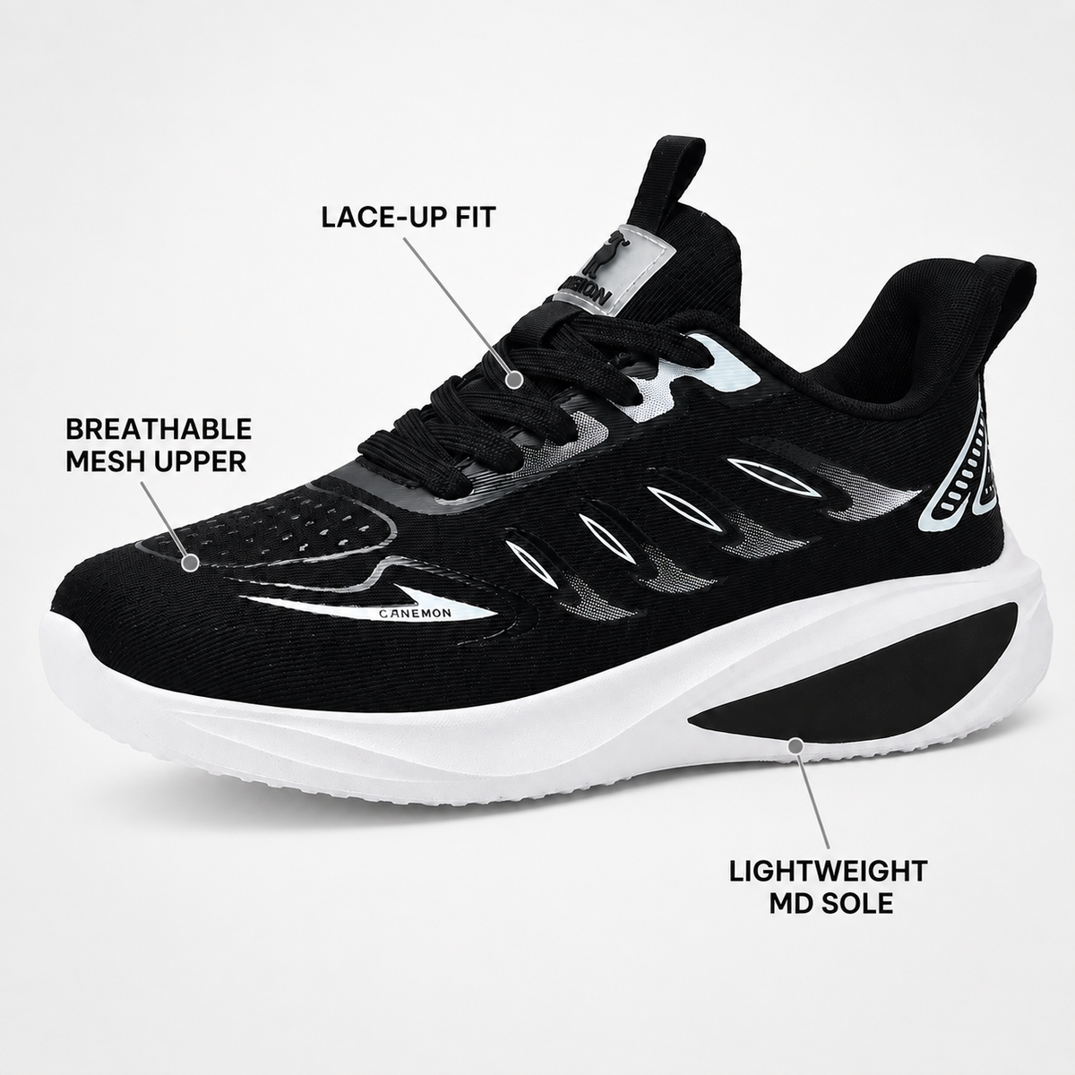 CANEMON QZ8826 black breathable mesh lace-up sneaker feature guide
