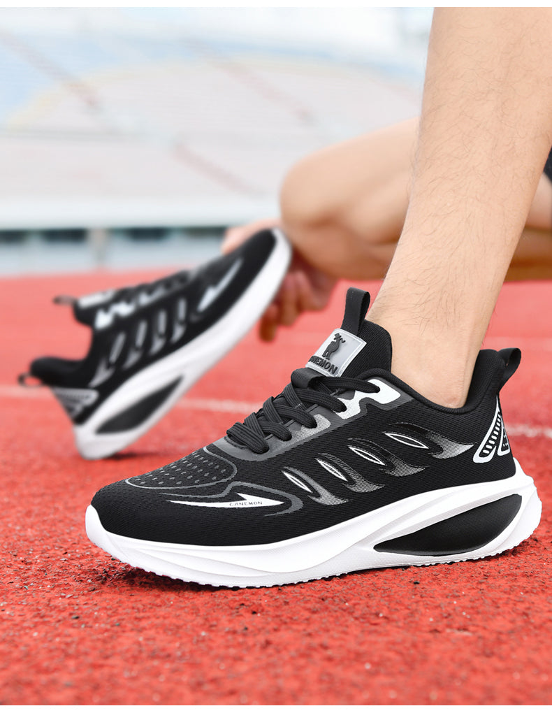 CANEMON QZ8826 black mesh lace-up sneakers shown on foot