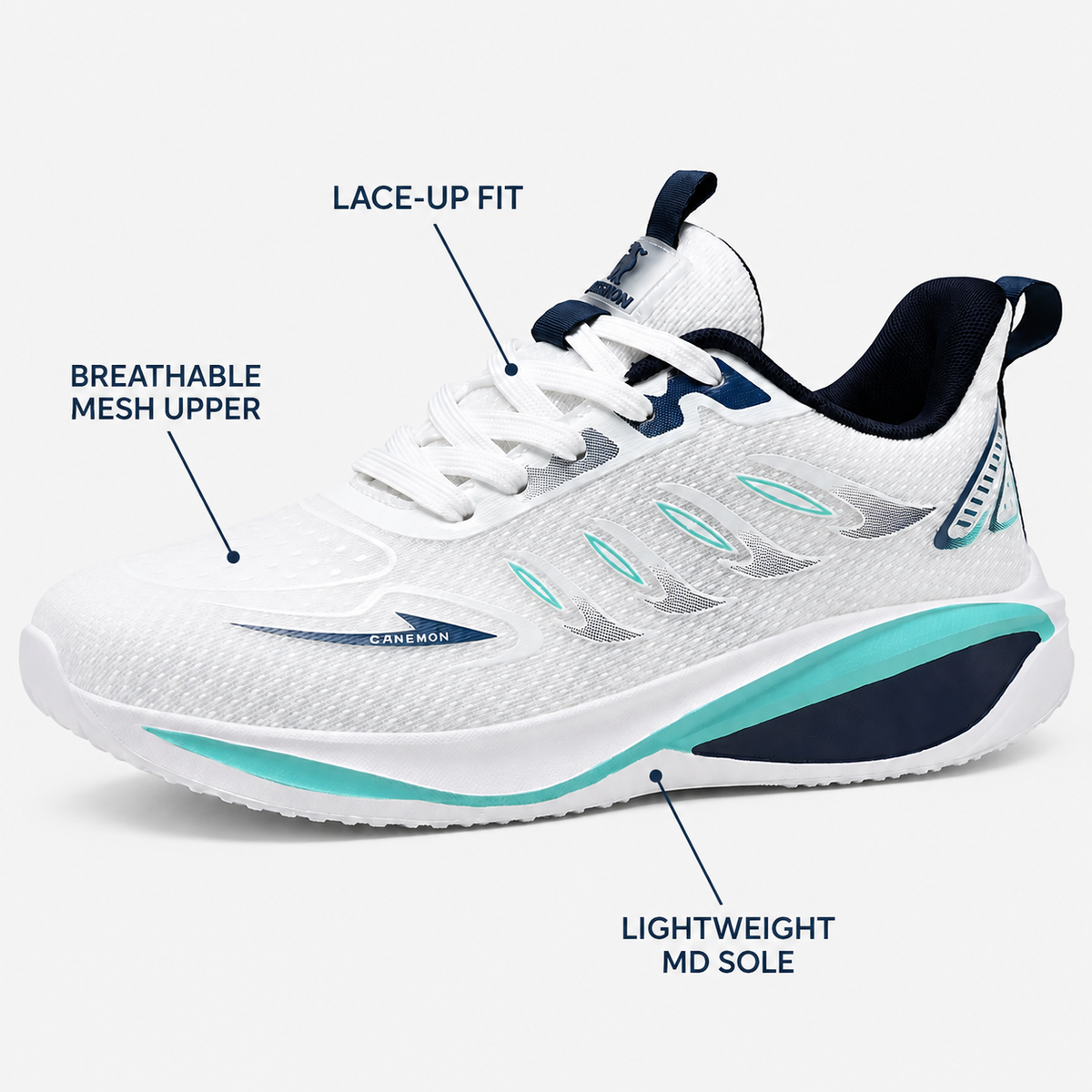 CANEMON QZ8826 white and navy breathable mesh lace-up sneaker feature guide