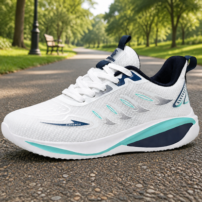 CANEMON QZ8826 white and navy breathable lace-up walking sneaker on a neutral park background
