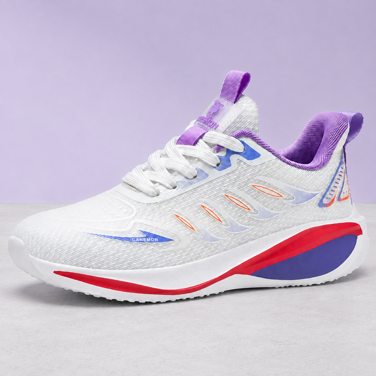 CANEMON QZ8826 white and purple breathable lace-up walking sneaker on a neutral studio background