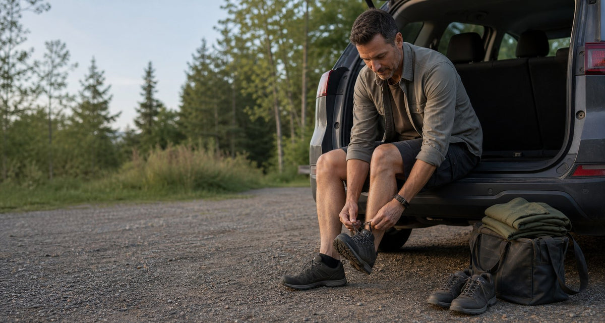 A person lacing outdoor shoes beside an open vehicle at a woodland trailhead