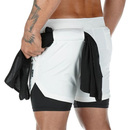 Mens 3 in 1 Workout Shorts - Quick Dry with Phone & Towel Holder